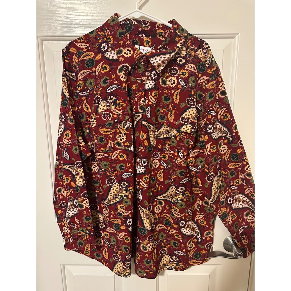 Denim & Co Button Down Womens 2X Red Paisley Floral Long Sleeve Pocket Blouse